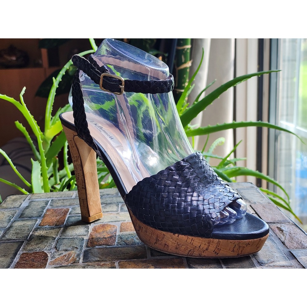 LK Bennett Navy Blue Woven Leather Ankle Strap Platform Sandals Heels 39.5